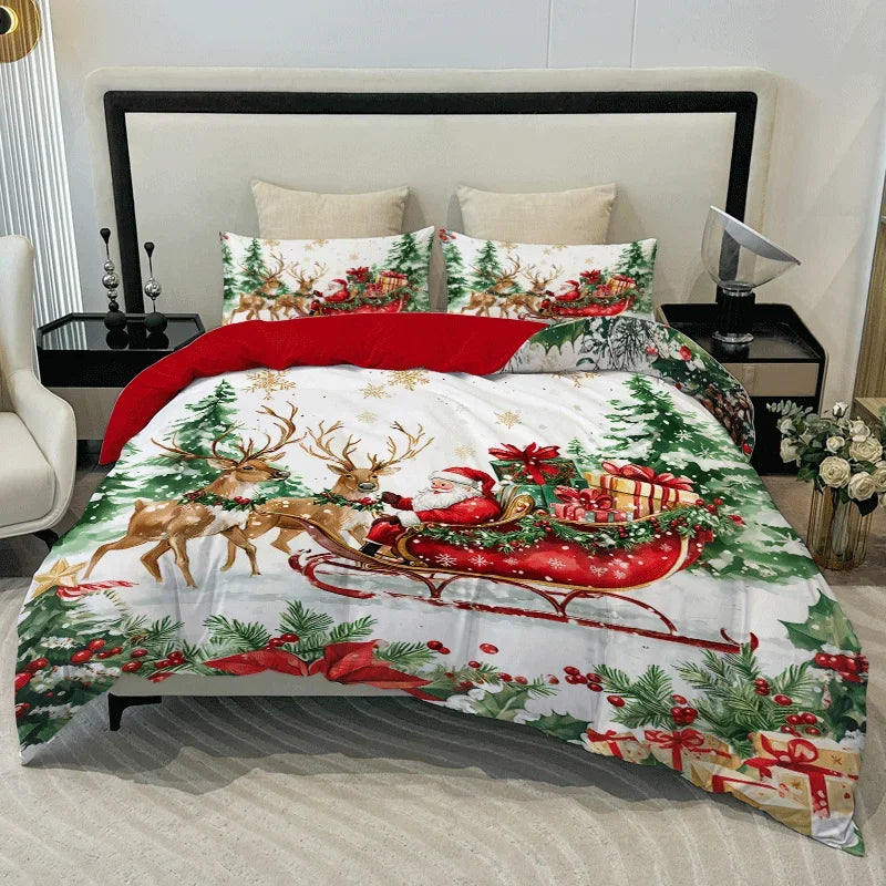 3PC Sled Elderly Duvet Cover Cute Elk Set Bedding Set (1Duvet Cover&2Pillowcases) Christmas Furniture Decor No Filler/Core