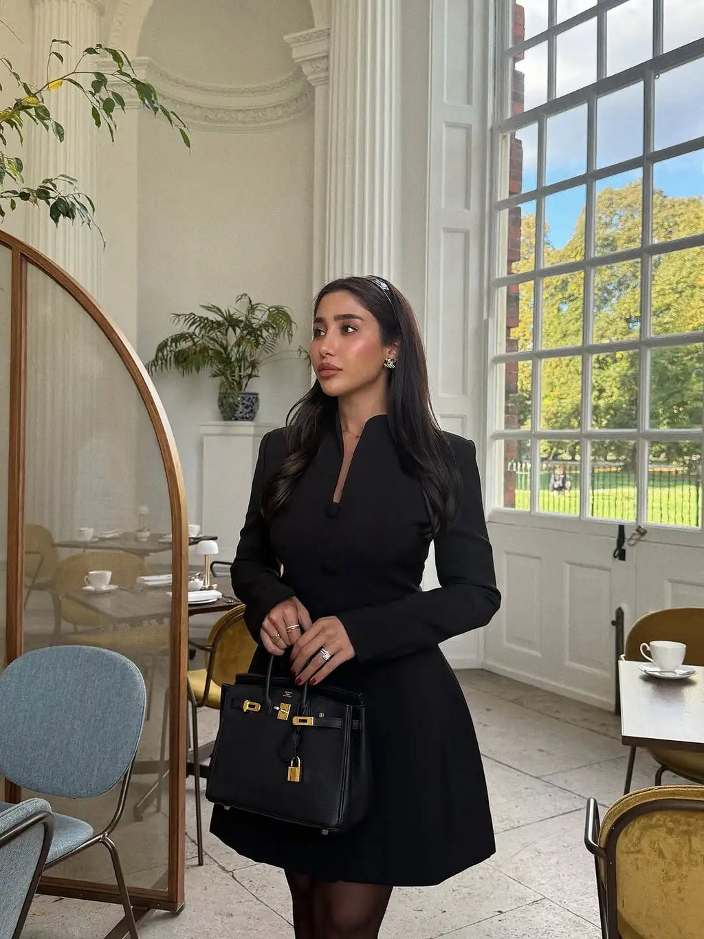 Elegant Stand Collar Mini Dress Women Casual Single Breasted Full Sleeve Cinched-waist Short Dresses Lady Evening Dinner Gowns