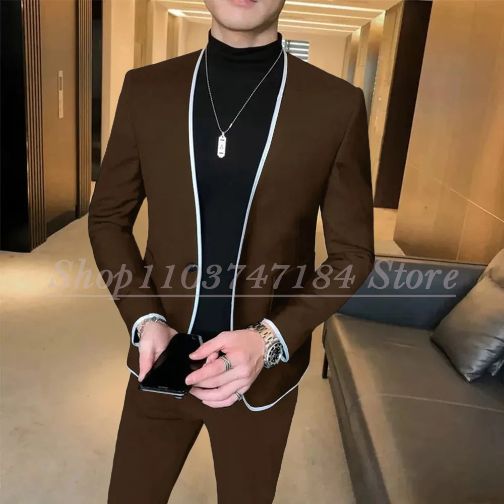 Elegant Black Gentlemen Men's Suits Slim Fit Casual Prom Party 2 Piece Jacket Pants Full Set Luxury Male Clothing Terno Blazer