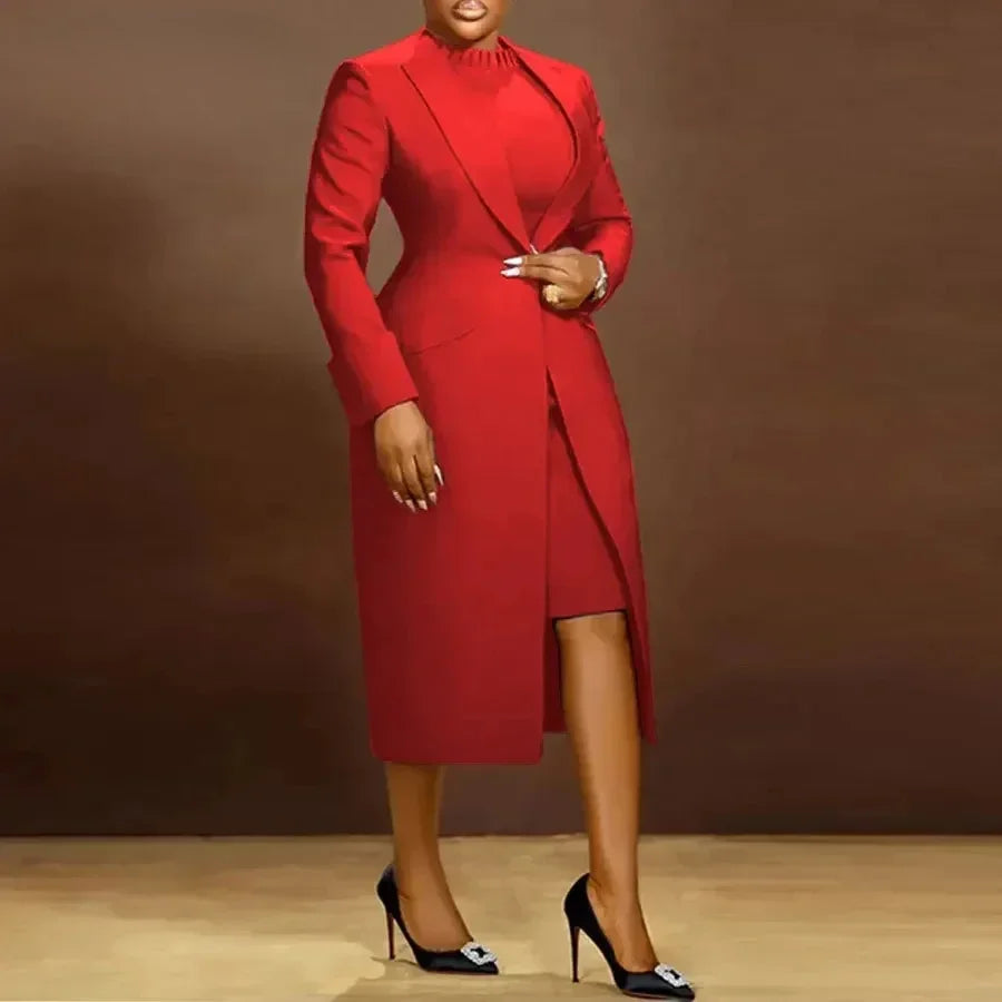 Women's Set Full Sleeve Long Blazer Coat+ Long Dress Suit  Winter Streetwear Two 2 Piece Set Africa OL Work Outfits