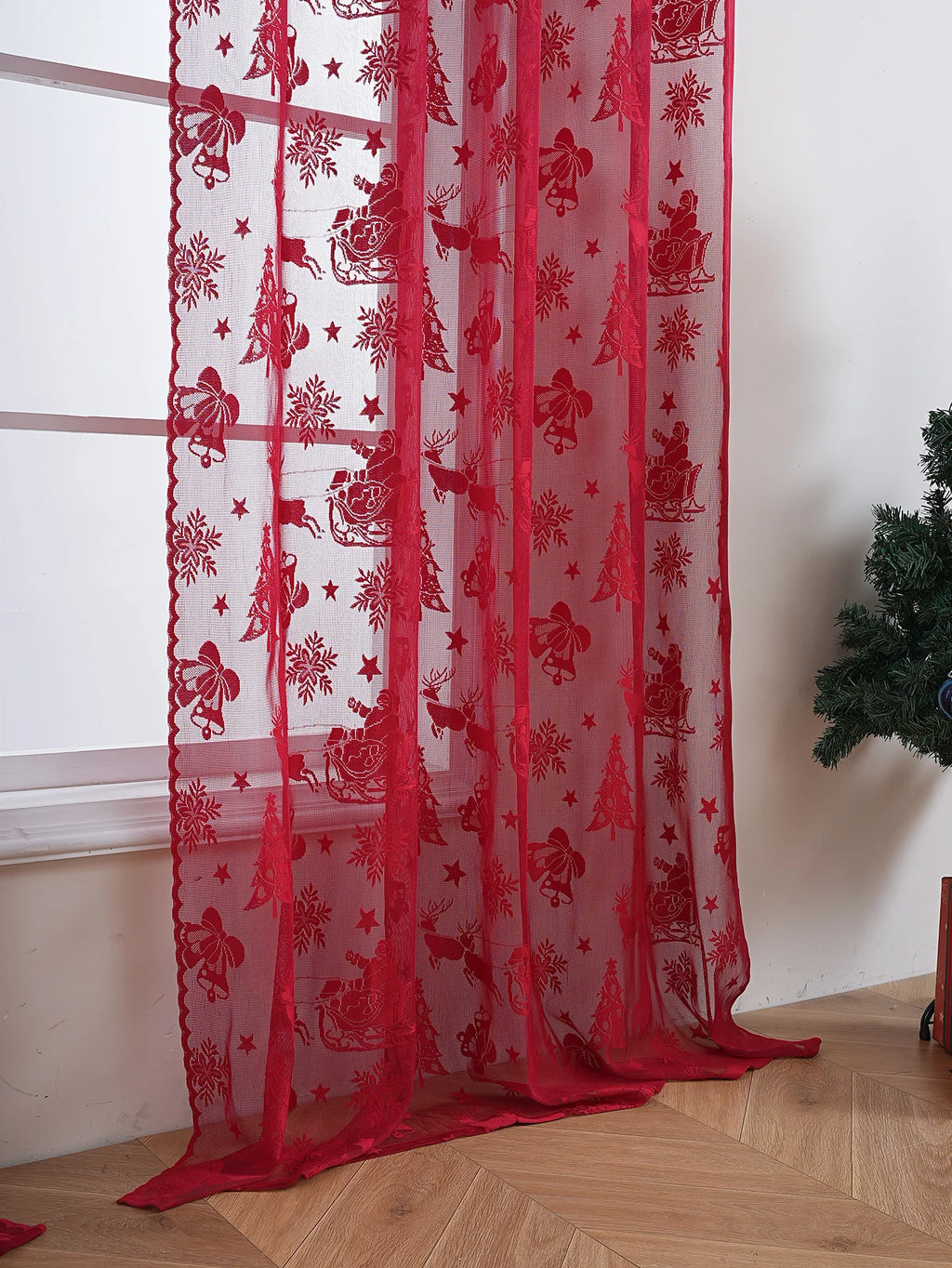 American Red Lace Sleigh Santa Christmas Curtains for Living Room Bedroom Window Festive Atmosphere Decorative