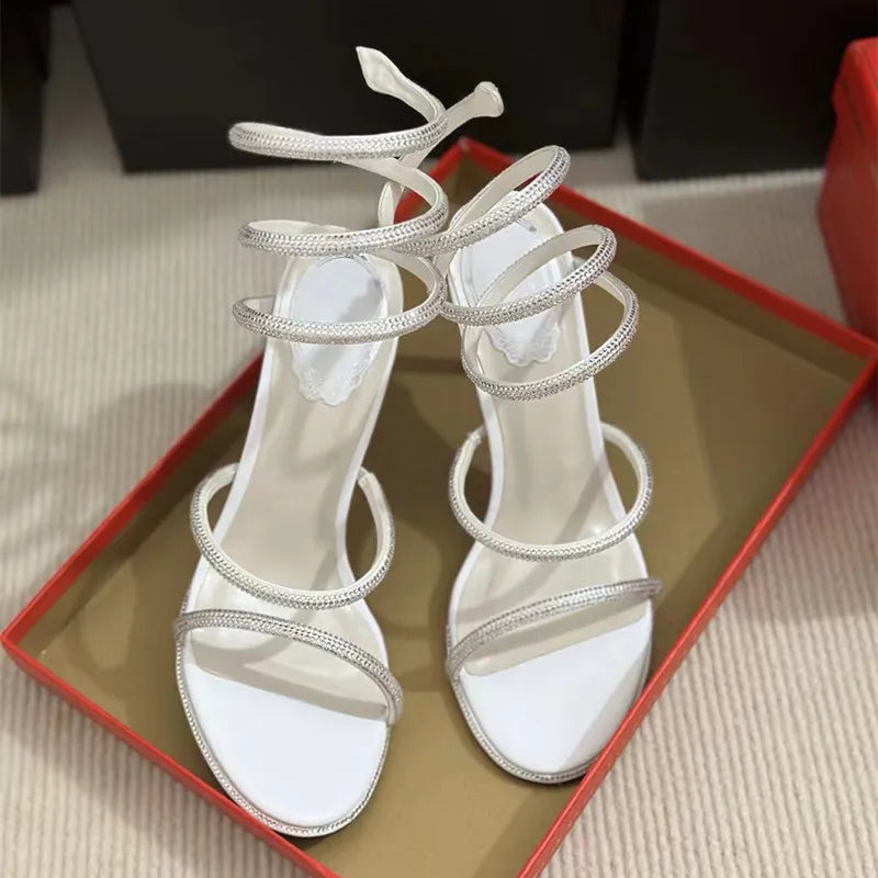 Fashion Summer Snake Twine Around Crystal Women Sandals Luxury Rhinestones Thin High heels Gladiator Sandals  Party Prom Shoes, match a dress anytime