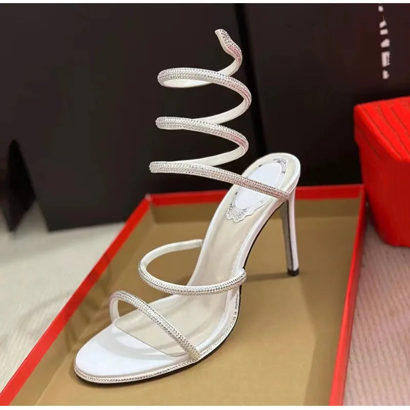 Fashion Summer Snake Twine Around Crystal Women Sandals Luxury Rhinestones Thin High heels Gladiator Sandals  Party Prom Shoes, match a dress anytime