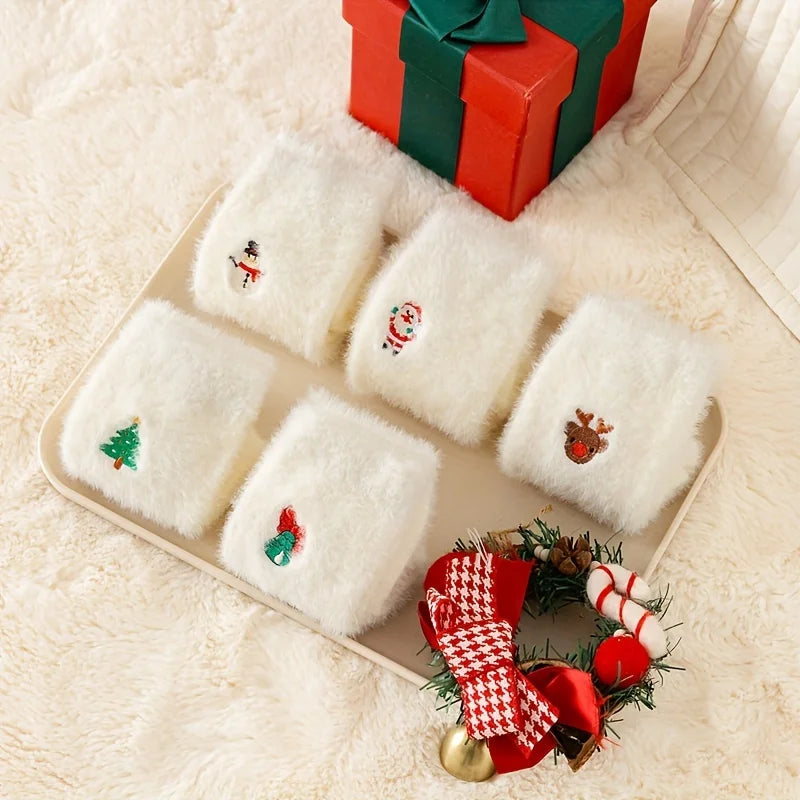 Cozy White Plush Xmas Socks - 5PCS Mid-Calf Warm Holiday Socks with Festive Designs for Teens. Soft & Thick for Winter Comfort!
