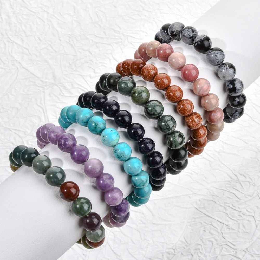 Natural Stone Round Beads Bracelet Rose Quartz Chakra Healing Crystal Elastic Stretch Bangle For Women Men Jewelry Gift