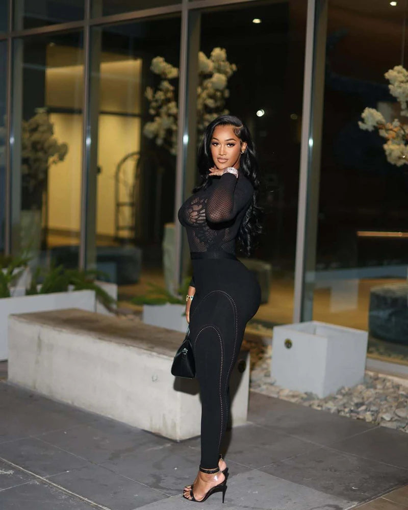 2026 Autumn Winter Hot Sale Women 2 Piece Set Hollow Out Mesh Long Sleeve Top Leggings Sets Female Streetwear Sexy Club Outfits