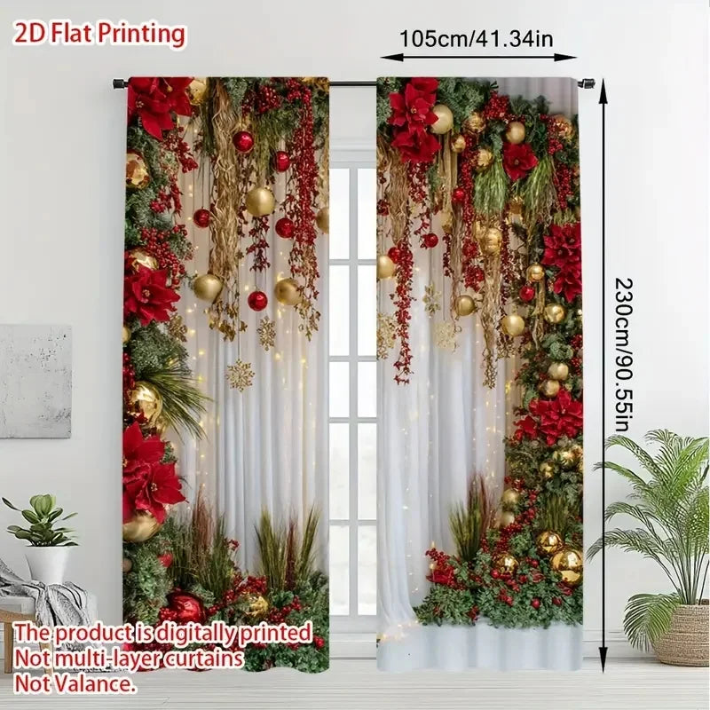 Christmas decoration-2Pcs-Flower plant tassels print curtains,suitable for bedroom,living room,home decoration,window decoration