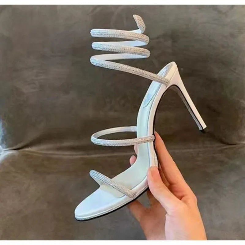 Fashion Summer Snake Twine Around Crystal Women Sandals Luxury Rhinestones Thin High heels Gladiator Sandals  Party Prom Shoes, match a dress anytime