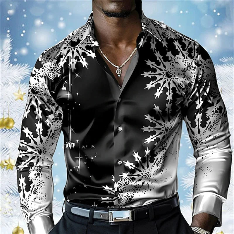 Christmas Men's Snowflake Satin Button Shirt Long Sleeve Casual Holiday Party Evening Wear Daily Four Seasons Lapel Shirt