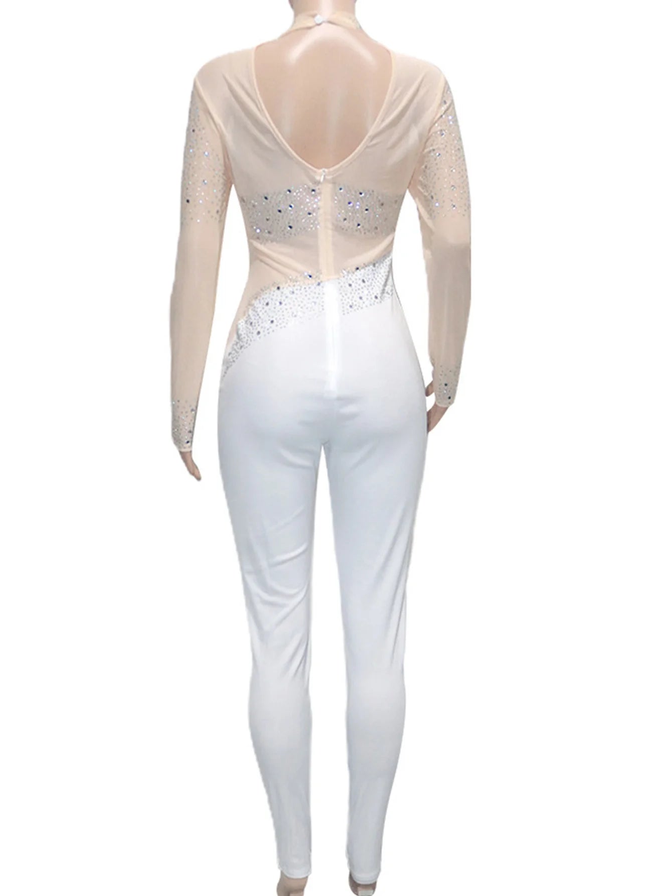 Sexy see through Rhinestone mesh bodycon jumpsuit women summer Long sleeve jumpsuits body birthday party club outfits bodysuit