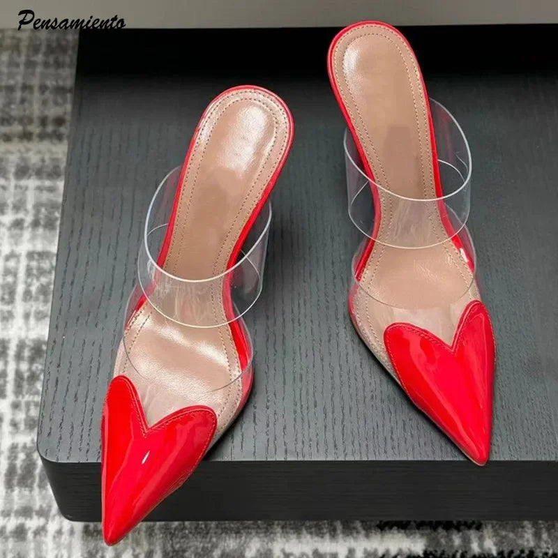 Elegant Pointed Toe Transparent PVC Heart High Heels Mules Slipper Shoes Women 2025 Black White Red Shoes Luxury Designer Pumps