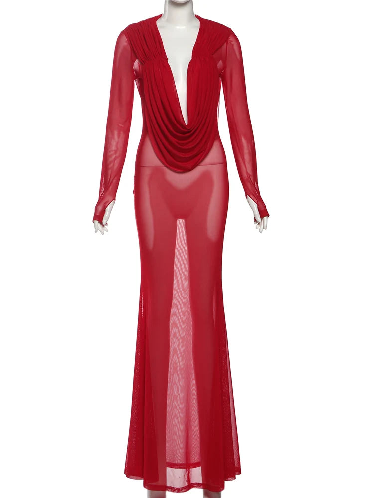 Nibber Sexy Swinging Collar Maxi Dress Women Patchwork See Through Full Sleeve Midnight Party Skinny Coquett Wild Vestidos