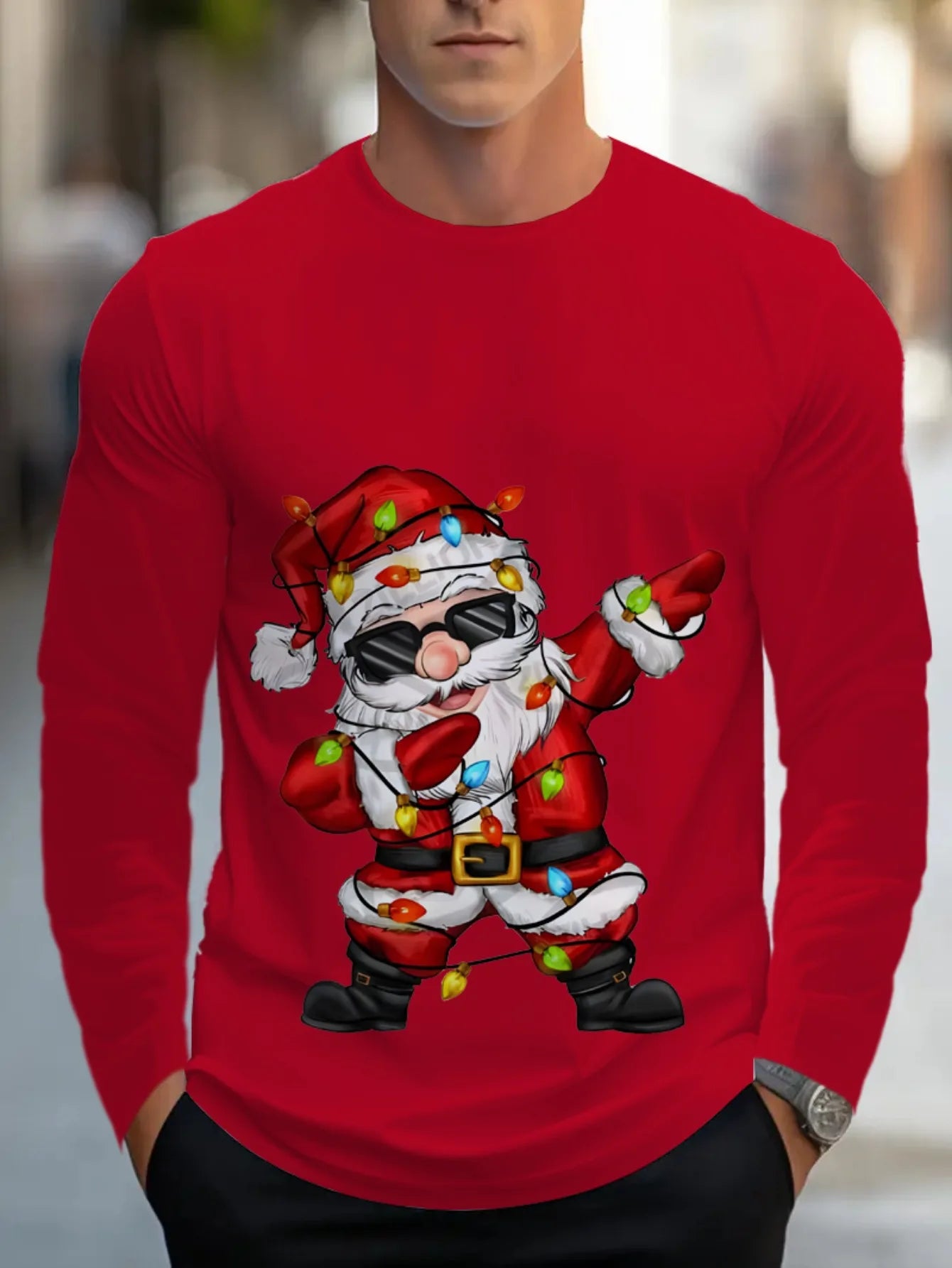 Men's Fun Christmas-style Long-sleeved T-shirt Santa Claus Printed Holiday Gift Couple's Shirt Casual Top  Men Clothing