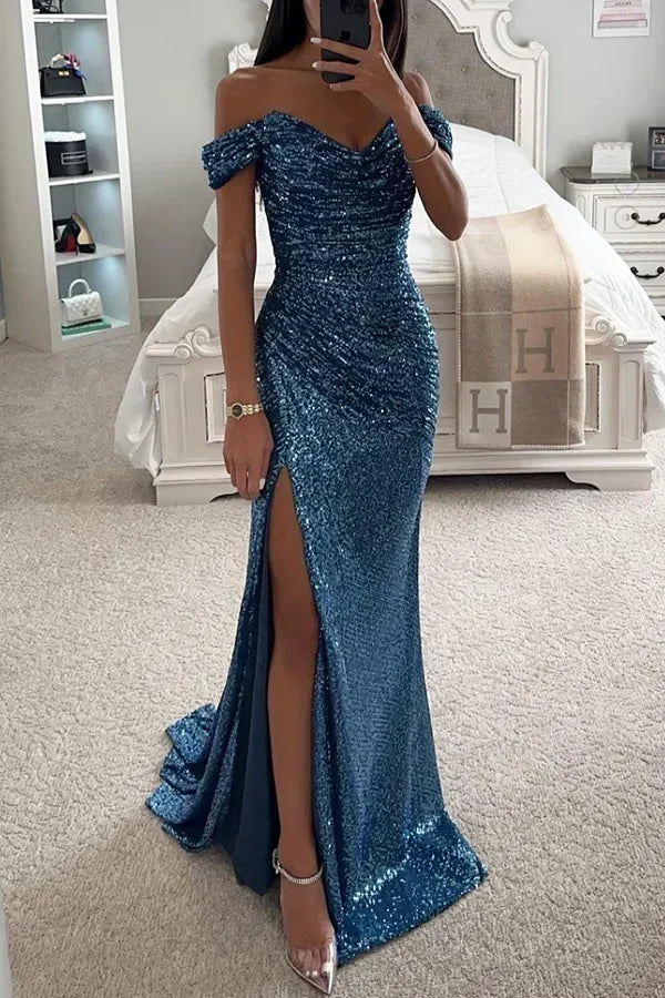 Womens Dresses New Party Sequin One Line Neckline Slit Dress Casual Fashion Dress for Women