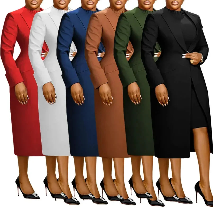 Women's Set Full Sleeve Long Blazer Coat+ Long Dress Suit  Winter Streetwear Two 2 Piece Set Africa OL Work Outfits