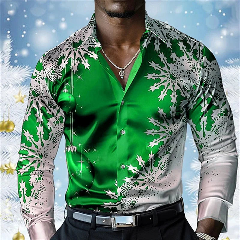 Christmas Men's Snowflake Satin Button Shirt Long Sleeve Casual Holiday Party Evening Wear Daily Four Seasons Lapel Shirt