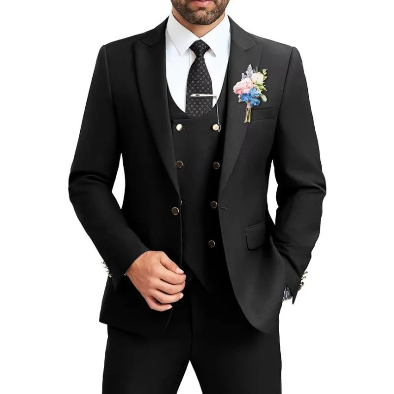 Men's slim fit suit 3-piece set, double breasted ball tailcoat, formal casual jacket, vest, pants
