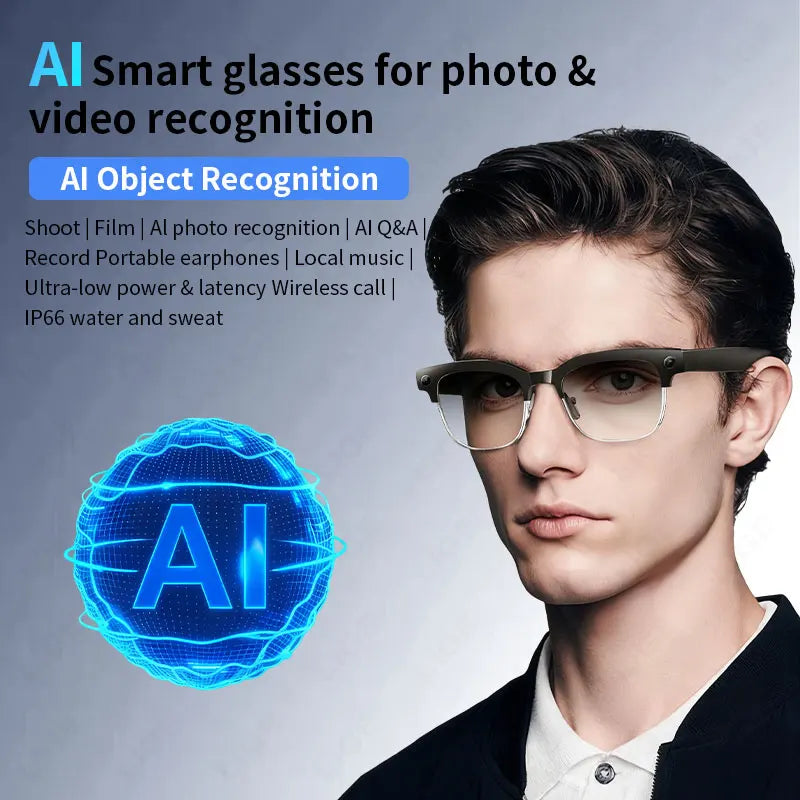 AI Smart Glasses 8 Million Pixels Recording Videos Photo Recognition Answer Translation 290mAh IP66 Waterproof Bluetooth Glasses
