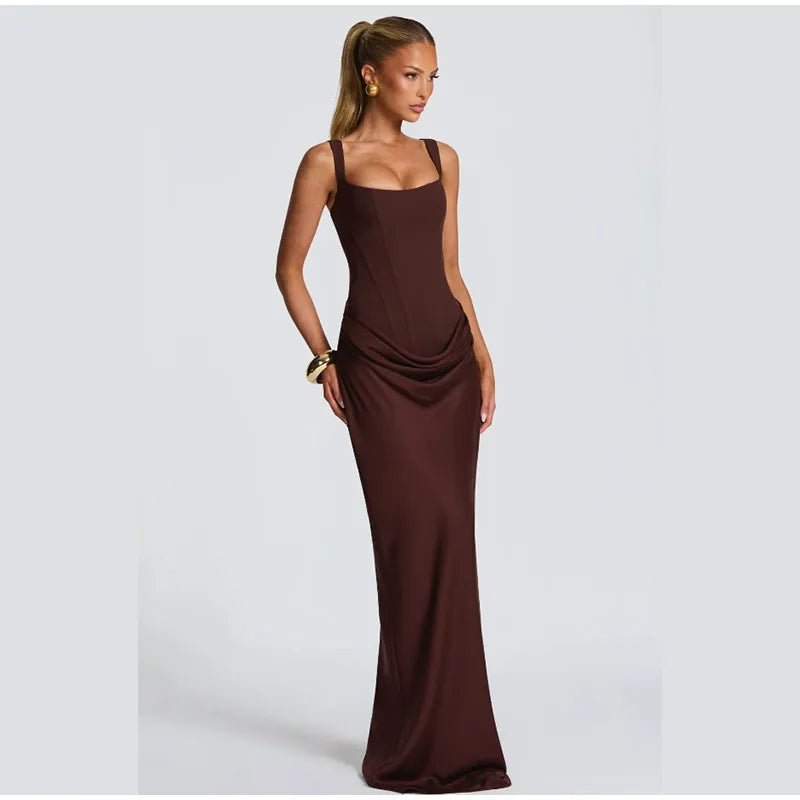 Women Brown Pleated Sling Maxi Dress Square Neck Sleeveless Off-shoulder Waist Cinching Slim Dresses Fashion Evening Party Gowns