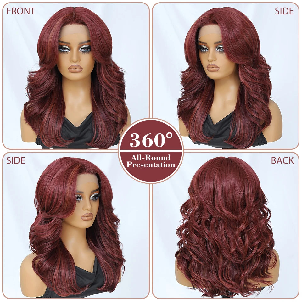 Layered Wigs 13x5x1T-Part Lace Wig With Bangs For Women 18 Inch Red Synthetic Lace Front Wig For Daily Use Ombre Brown Afro Wigs