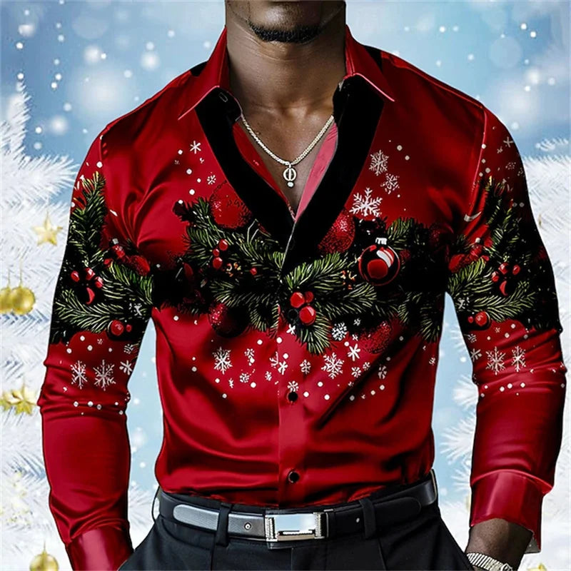 Christmas Men's Snowflake Satin Button Shirt Long Sleeve Casual Holiday Party Evening Wear Daily Four Seasons Lapel Shirt
