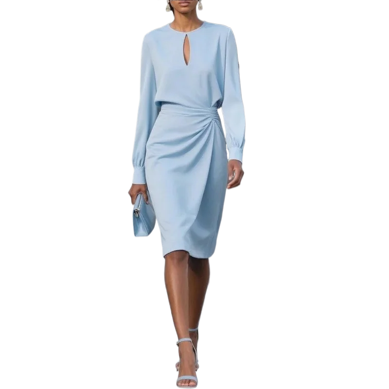 2025 Autumn Elegant Solid Pleated O-neck Hollow Long Sleeve Dress.