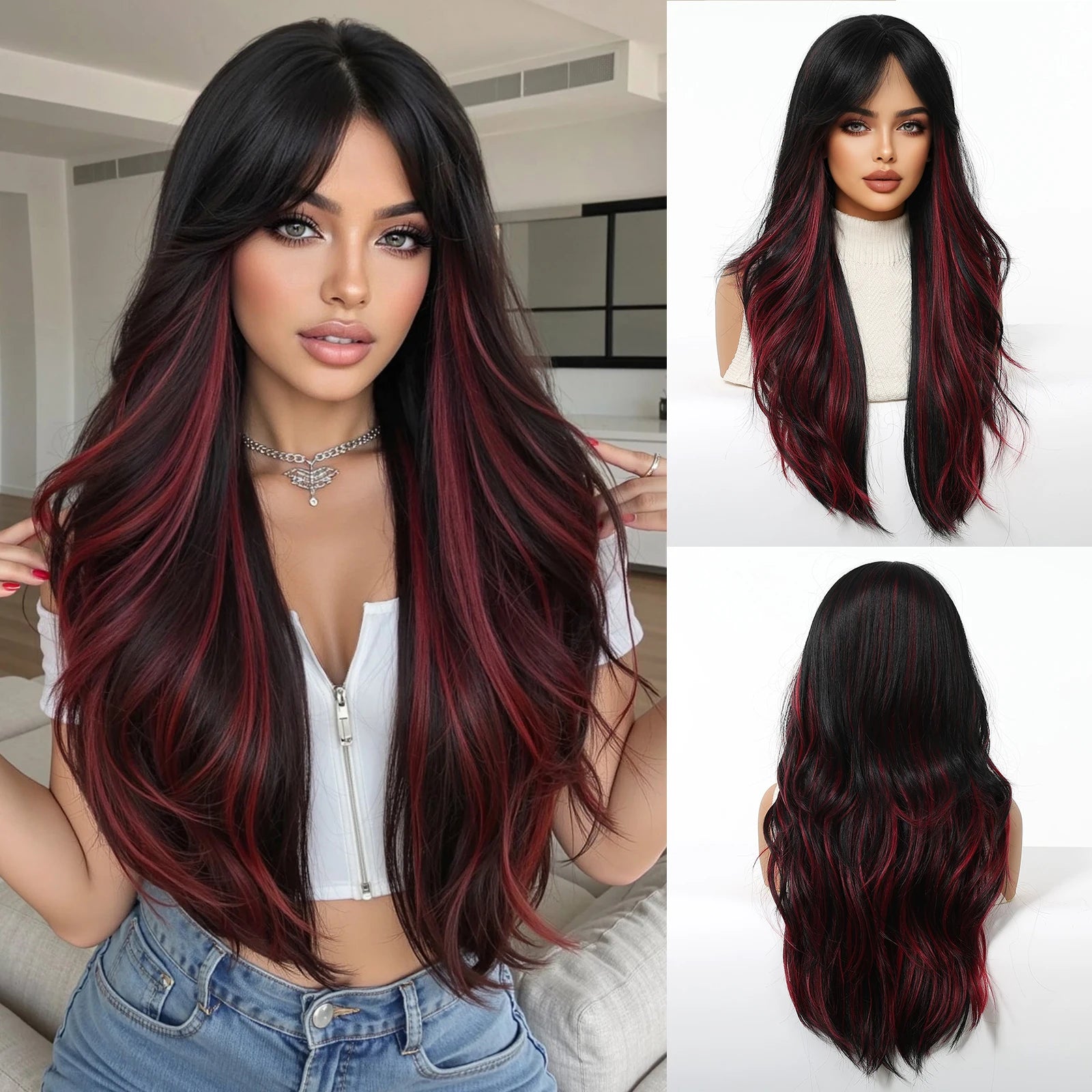 Rose Blonde Ombre Brown Long Natural Wave Synthetic Wigs with Bangs for Women Heat Resistant Daily Cosplay Party Hairs Wig Use