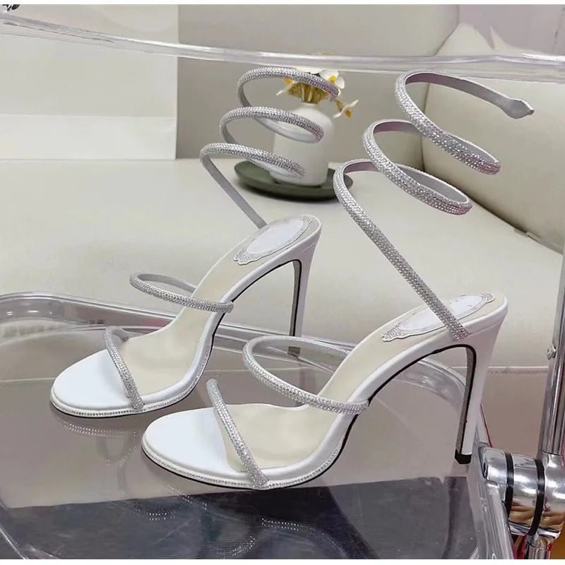 Fashion Summer Snake Twine Around Crystal Women Sandals Luxury Rhinestones Thin High heels Gladiator Sandals  Party Prom Shoes, match a dress anytime