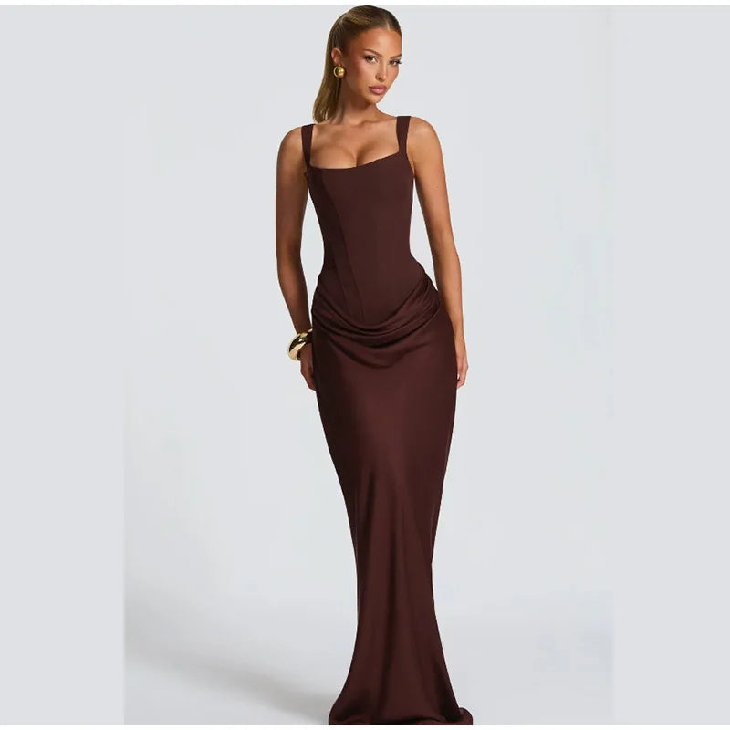 Women Brown Pleated Sling Maxi Dress Square Neck Sleeveless Off-shoulder Waist Cinching Slim Dresses Fashion Evening Party Gowns
