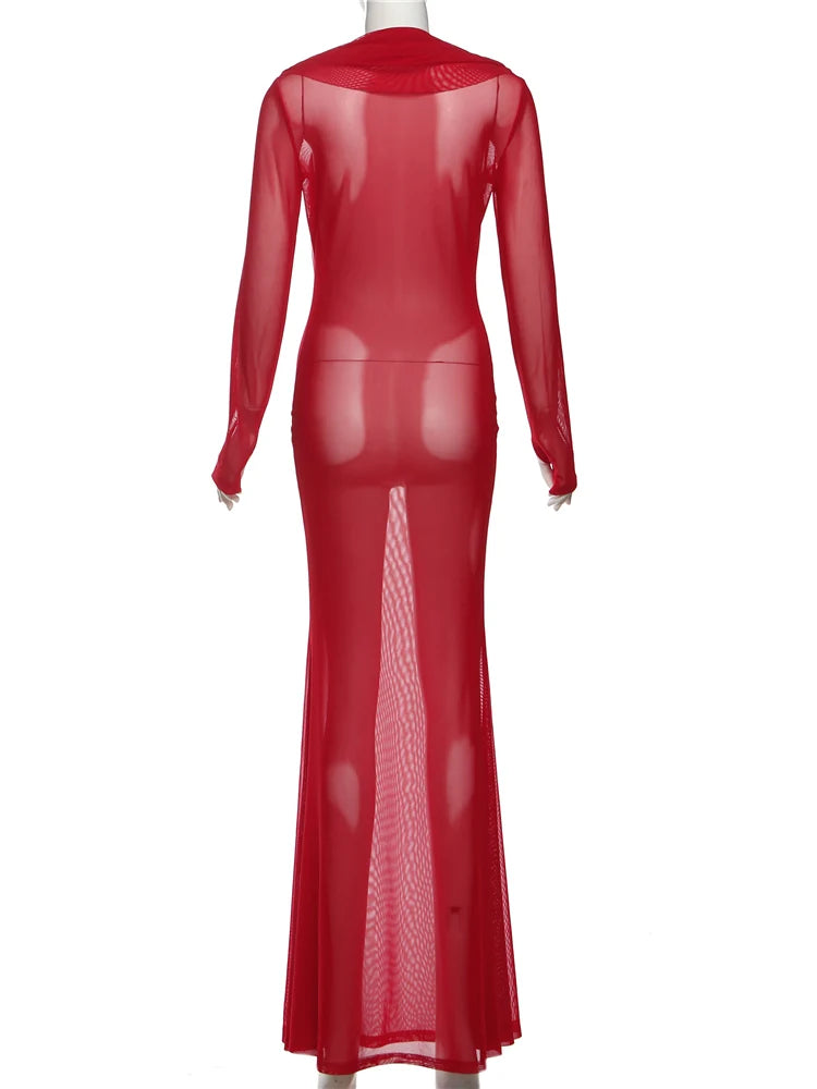 Nibber Sexy Swinging Collar Maxi Dress Women Patchwork See Through Full Sleeve Midnight Party Skinny Coquett Wild Vestidos