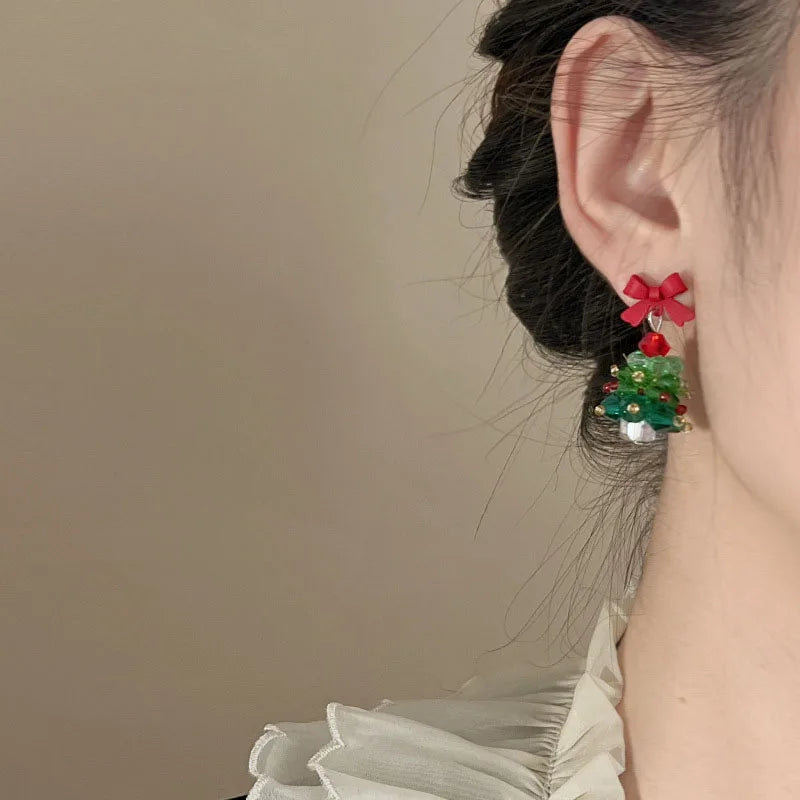 Cute Pompom Ball Bow Snowflake Elk Earrings Sweet Fashion Jewelry for Women and Girls New Year Gifts