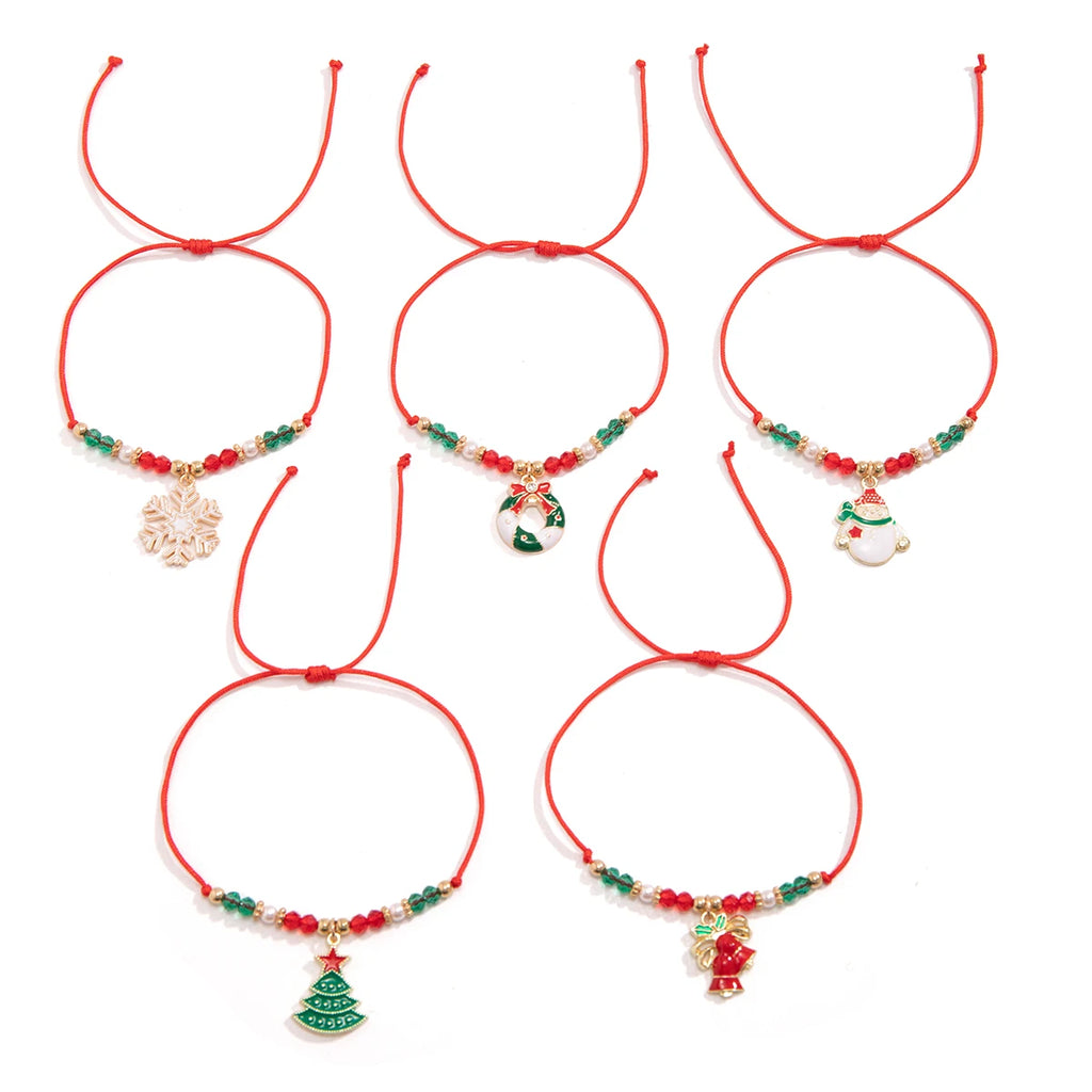 KunJoe 5pcs/set Cute Series Snowflake Tree Pendant Crystal Bracelet Women CCB Beads Adjustable Thread Rope Bracelet