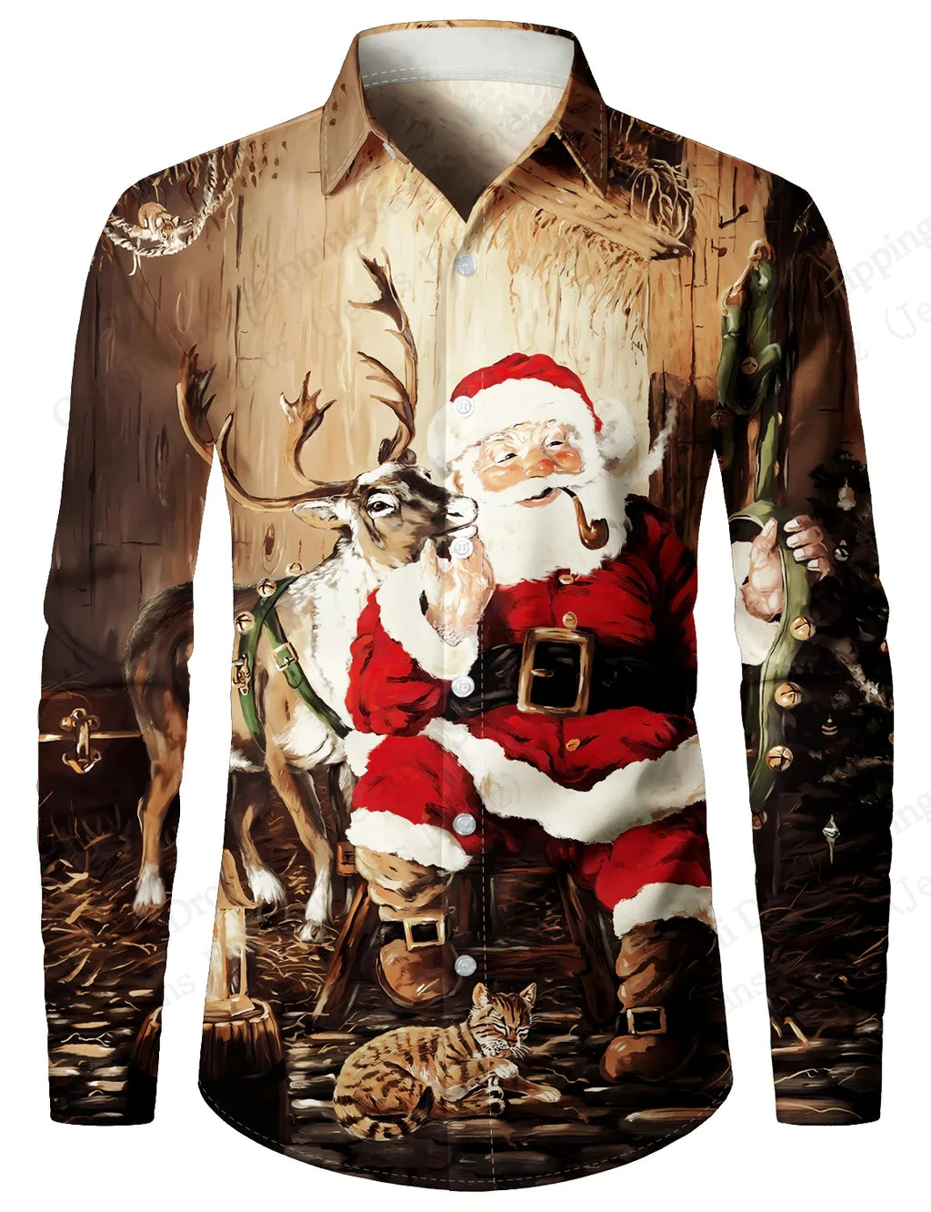 Men's Santa Claus Christmas Long Sleeve Shirt Reindeer Elk 3d Print Shirt Men Women Fashion Casual Shirts Blouse Xmas Clothes