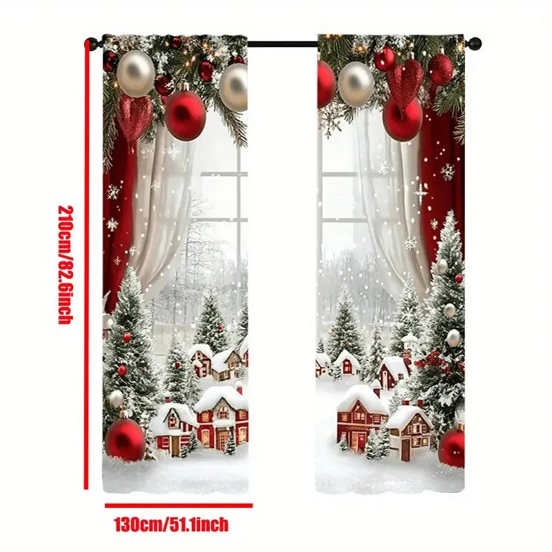 2pcs - Christmas snow scene forest scene printed curtains, pole bag curtains, home decoration, room decoration