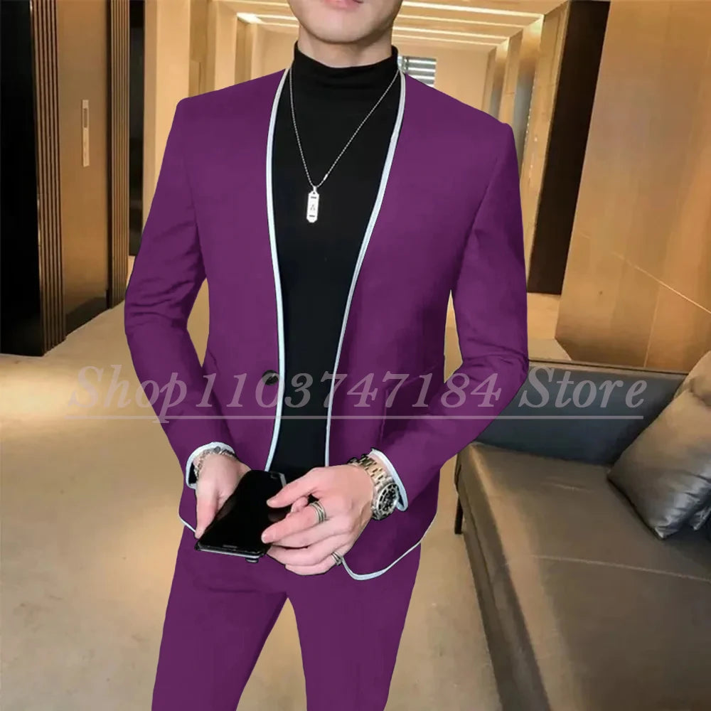 Elegant Black Gentlemen Men's Suits Slim Fit Casual Prom Party 2 Piece Jacket Pants Full Set Luxury Male Clothing Terno Blazer
