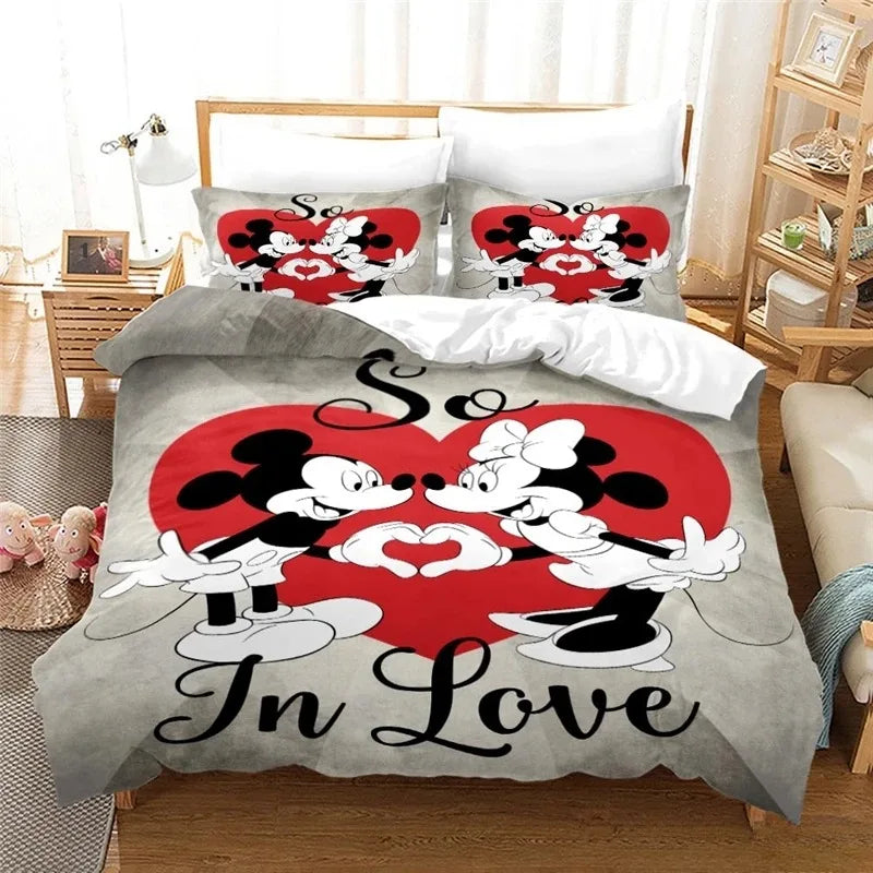 Disney Cartoon Bedding Set Mickey And Minnie Mouse 3D Print Duvet Cover With Pillowcase Bedclothes For Christmas New Year Gifts