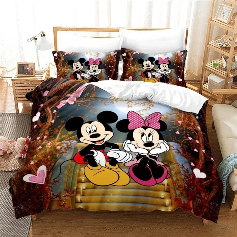 Disney Cartoon Bedding Set Mickey And Minnie Mouse 3D Print Duvet Cover With Pillowcase Bedclothes For Christmas New Year Gifts