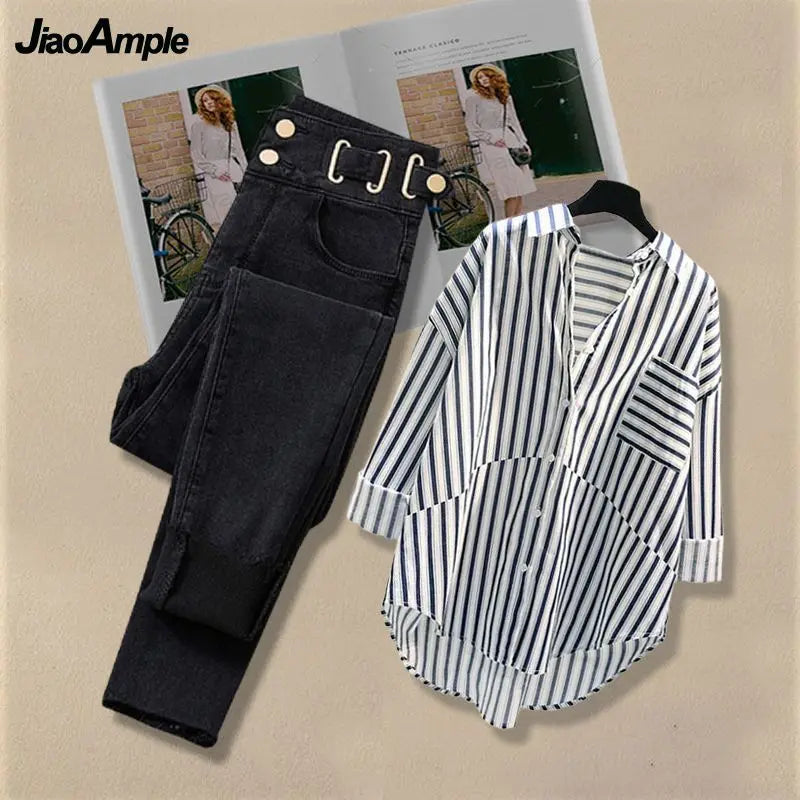 Women Spring/Summer New Matching Set 2026 Korean Elegant Striped Shirt Top+Jeans Two Piece Female Loose Blouse Denim Pants Suit