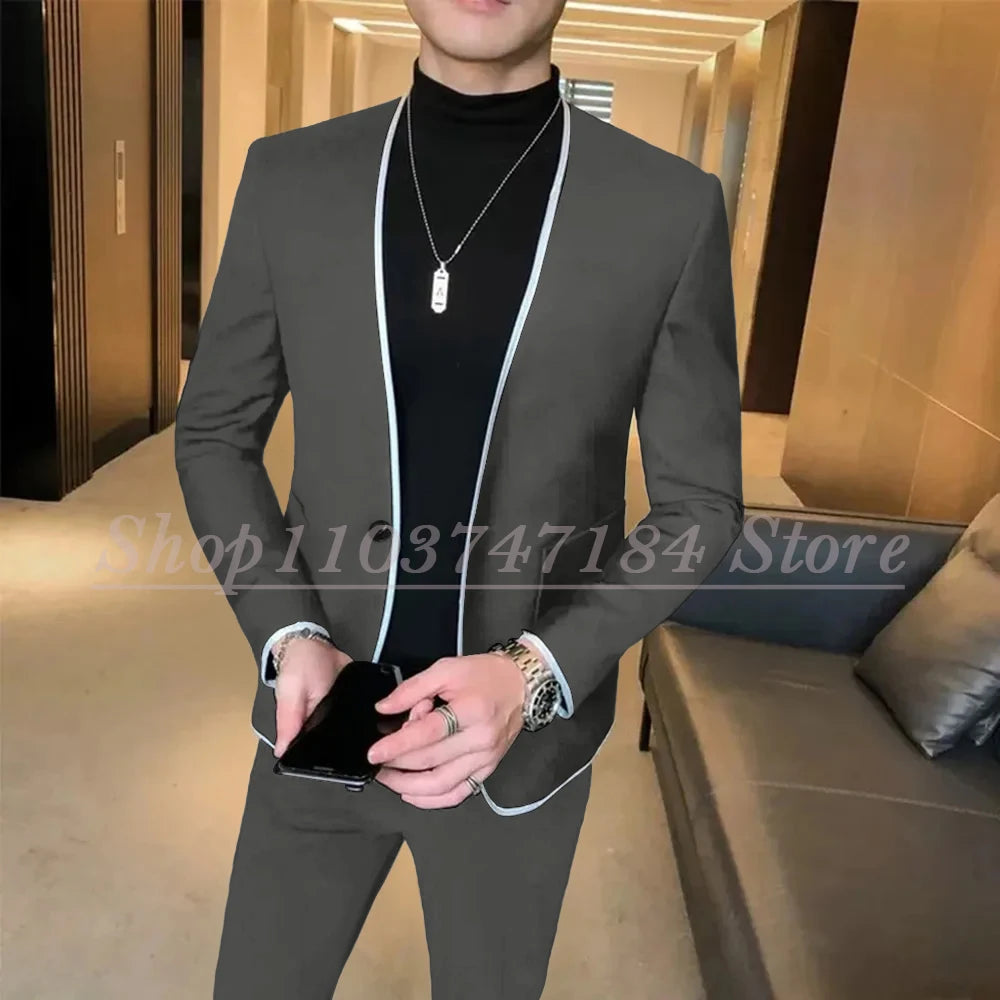 Elegant Black Gentlemen Men's Suits Slim Fit Casual Prom Party 2 Piece Jacket Pants Full Set Luxury Male Clothing Terno Blazer