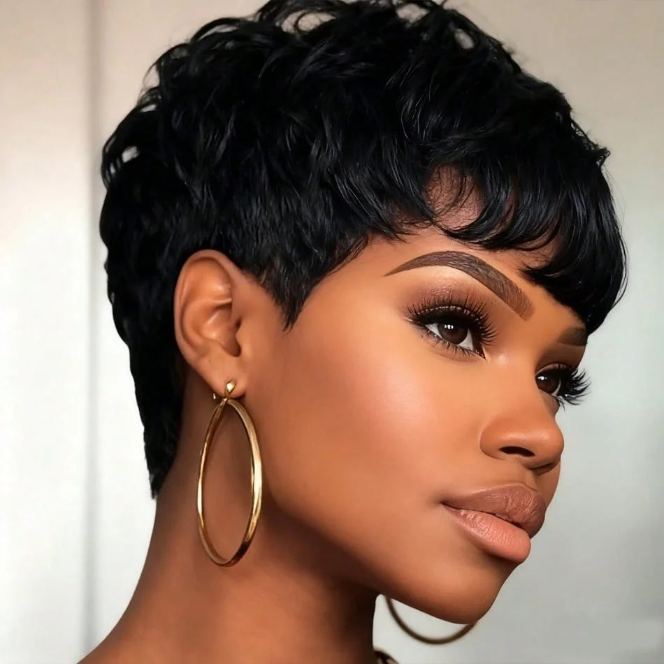 Short Pixie Cut Straight Human Hair Wig With Bangs Peruvian Hair Full Machine-Made Layered Pixie Cut For For Daily Wear
