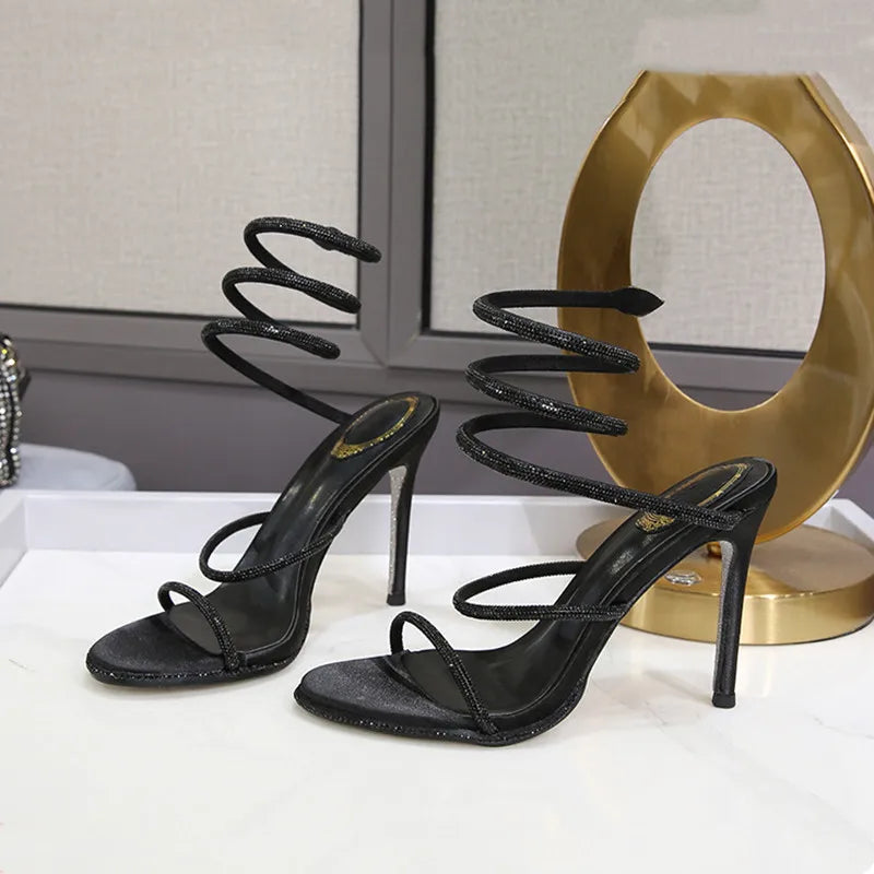 Fashion Summer Snake Twine Around Crystal Women Sandals Luxury Rhinestones Thin High heels Gladiator Sandals  Party Prom Shoes, match a dress anytime