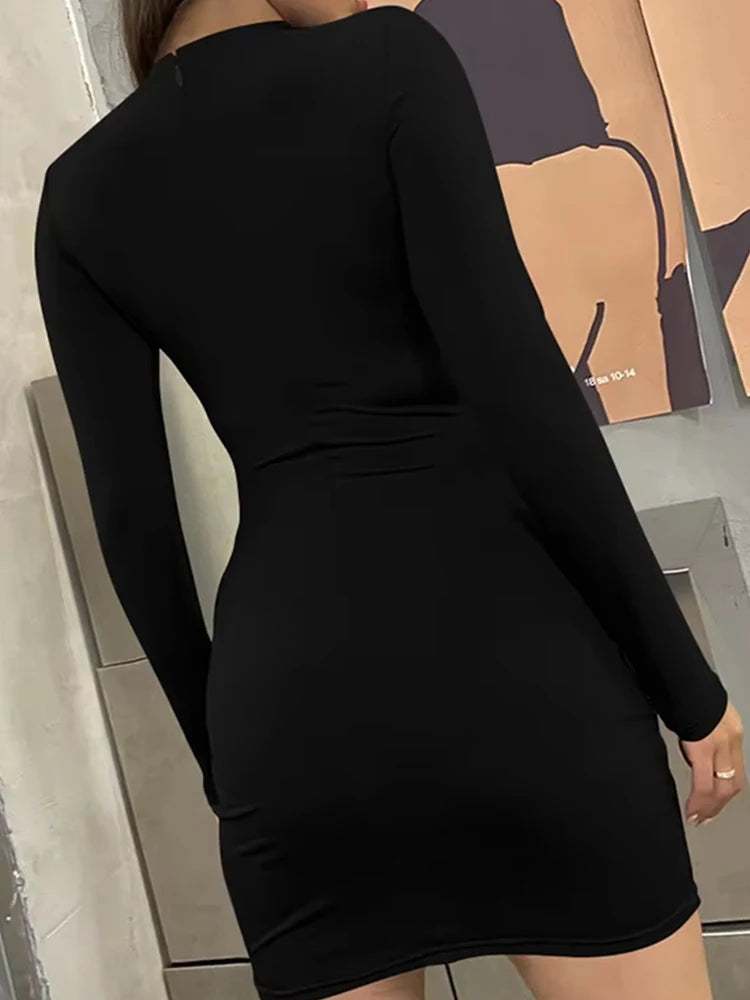 Autumn Sexy Ruched Irregular Long Sleeve Dress Women's Turtleneck High Waist Slim Fit Dresses