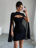 Sexy Women's Stand Collar Cape Mini Dress Sequins Sparkling Club Party Night Out Fitted Bodycon Elegant Autumn Winter