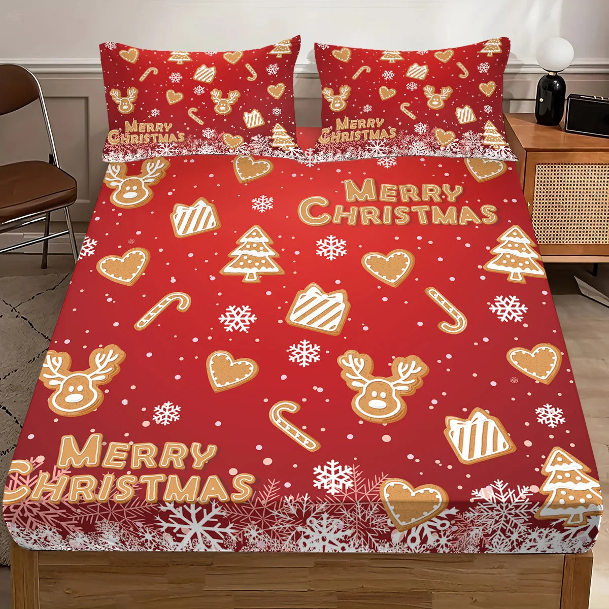 3pcs Christmas gingerbread print coreless bedsheet set multiple size soft bedcovers bedroom bedding decorations machine washable
