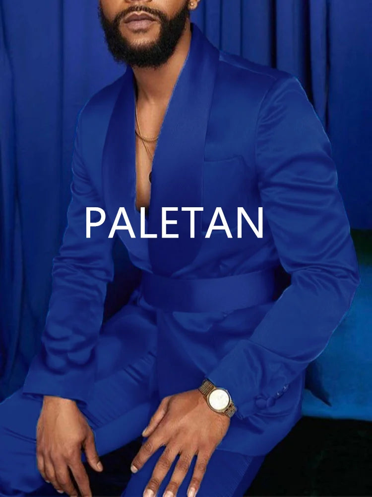 New Fashion Italian Silver Men Suits Satin Slim Fit Royal Blue Shiny Groom Prom Wedding Tuxedo Tailored Blazer Set Costume Homme