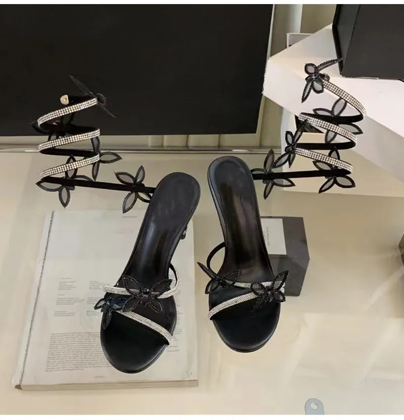 Luxury Crystal Embellished Butterfly Detail Women Sandals Sexy Coiled Strap High heels Gladiator Sandals Summer Party prom Shoes, need a dress