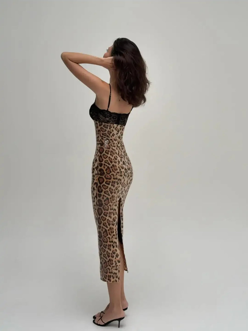 Women Sexy Leopard Print Sling Maxi Dress Chic Sequin Backless Lace Patchwork Slim Dresses Fashion New Lady Party Vacation Robes