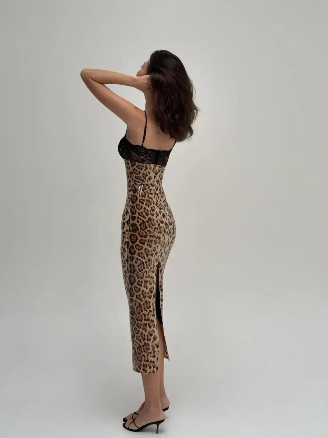 Women Sexy Leopard Print Sling Maxi Dress Chic Sequin Backless Lace Patchwork Slim Dresses Fashion New Lady Party Vacation Robes