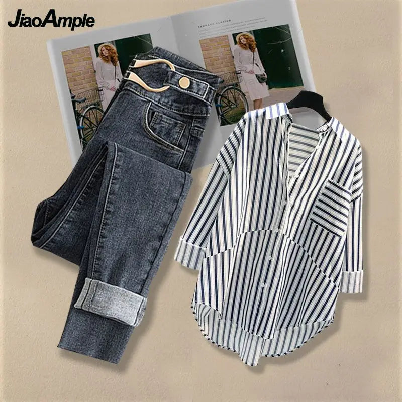 Women Spring/Summer New Matching Set 2026 Korean Elegant Striped Shirt Top+Jeans Two Piece Female Loose Blouse Denim Pants Suit