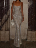 Chic Women Bling Glitter Sequins Sling Dress Fashion Sliver Sleeveless Backless Bodycon Maxi Robes Lady New Party Club Gown